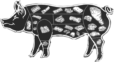 Darstellung eines Schweins, das die verschiedenen Fleischteile zeigt